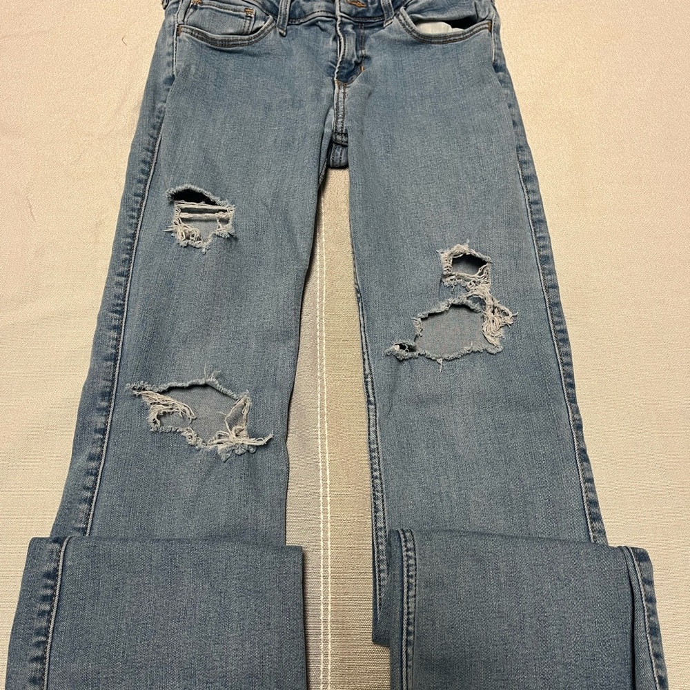 Hollister Blue Straight Leg Jeans with Distressed Details